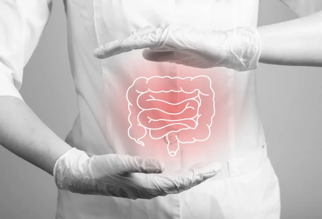 Imagen del torso y manos con guantes de látex rodeando un holograma de un intestino.