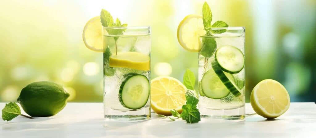 Dos vasos de agua detox con rodajas de pepino, limón y hojas de menta fresca, sobre fondo verde luminoso desenfocado