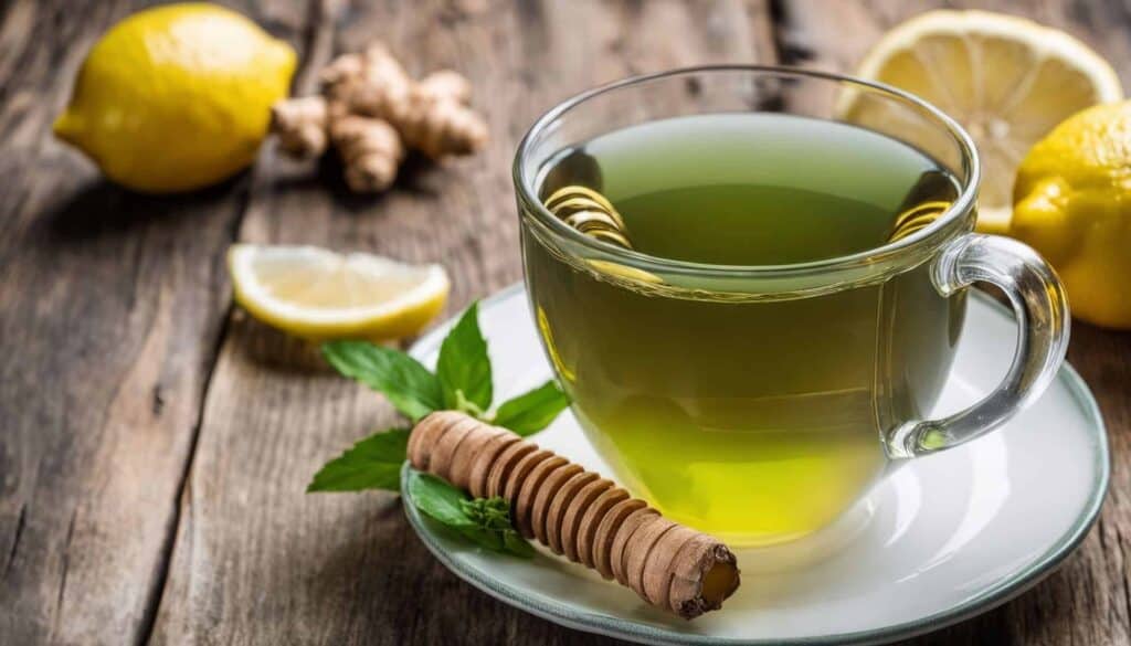 Taza de cristal con infusión verde de menta y jengibre, acompañada de limones frescos, raíz de jengibre y un palito de miel, sobre mesa de madera rústica