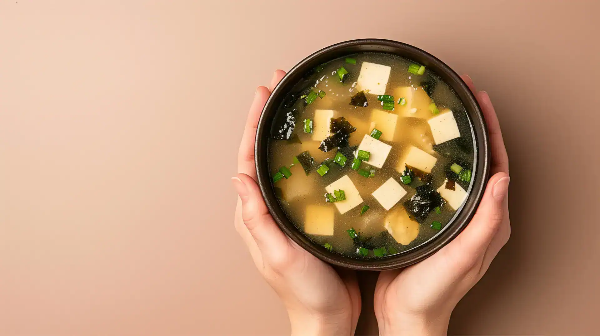 Sopa de tofu con verduras en cuenco de cerámica