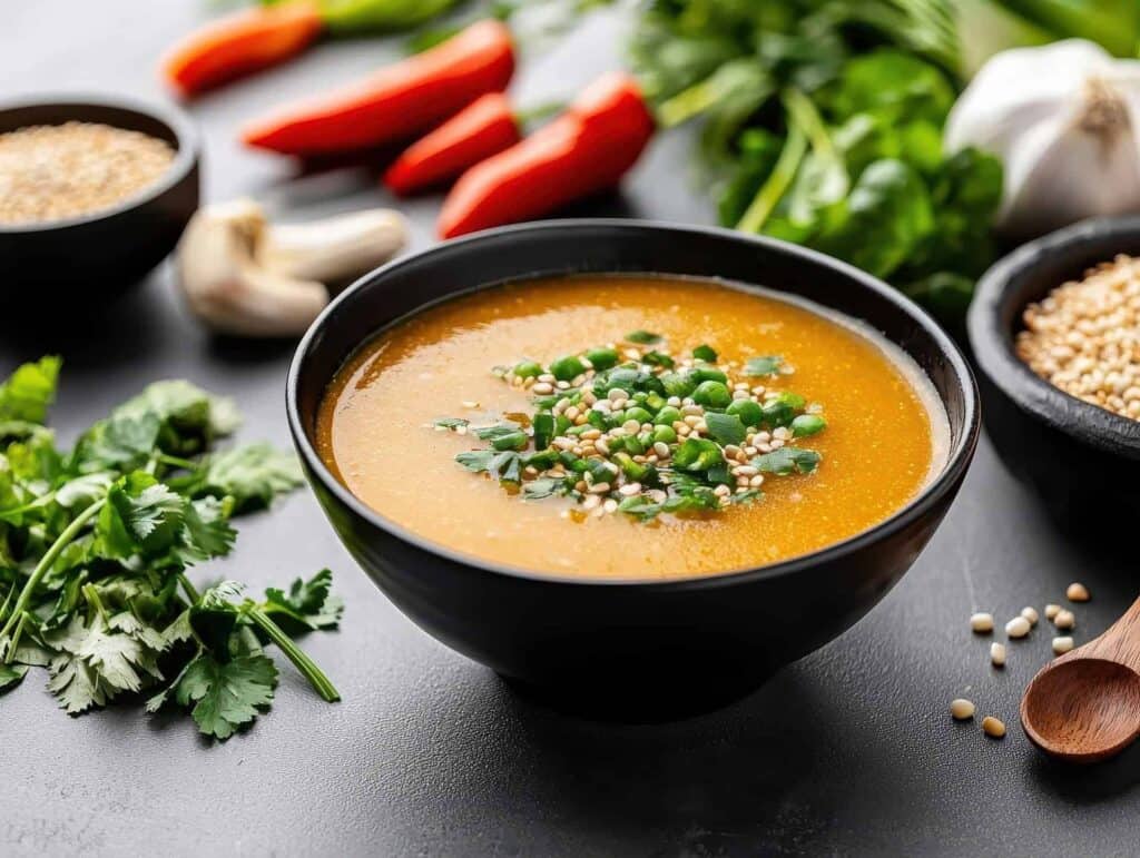 Crema de verduras con sésamo y cilantro en un cuenco negro, rodeada de zanahorias y ajo, receta antidesperdicio.